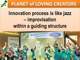 Innovation process is like jazz - improvisation within a guiding structure Vadim Kotelnikov quotes Innompic Planet of Loving Creators