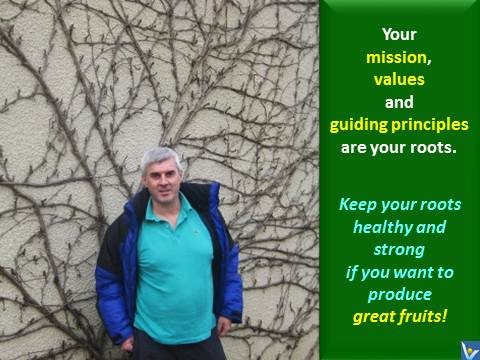 Your mission, values and guiding principles are your roots. Keep your roots healthy and strong if you want to produce great fruits! Vadim Kotelnikov quotes