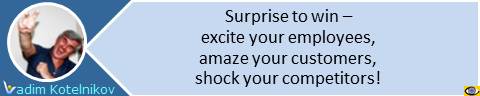 Surprise to win ‐ excite your employees, amaze your customers, shock your competitors! Vadim Kotelnikov quotes